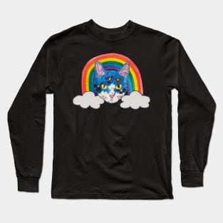 Floral Kitty face with rainbow Long Sleeve T-Shirt